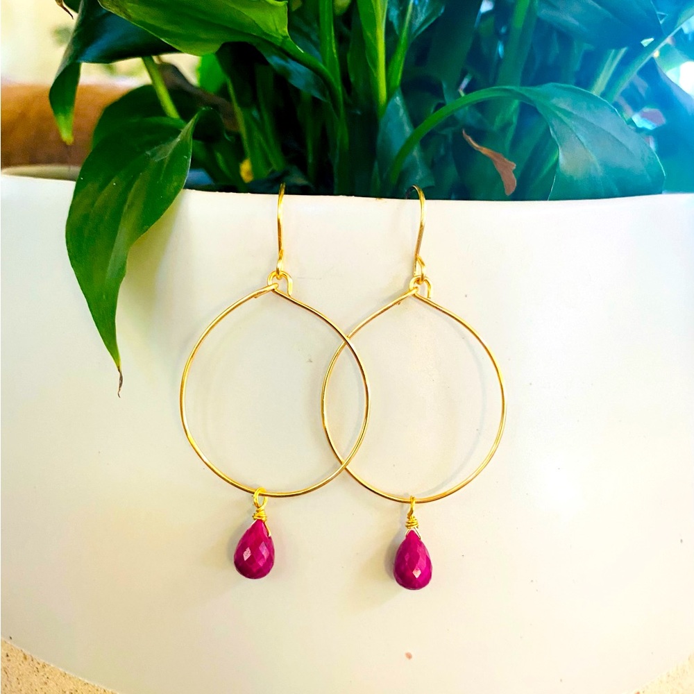 Gold Hoop Ruby Drop Earrings - image 1